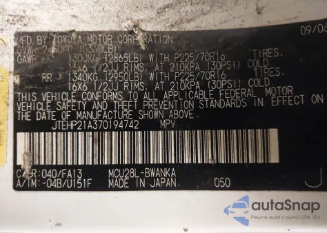 2007 Toyota Highlander V6 z USA, uszkodzony, nr VIN JTEHP21A370194742